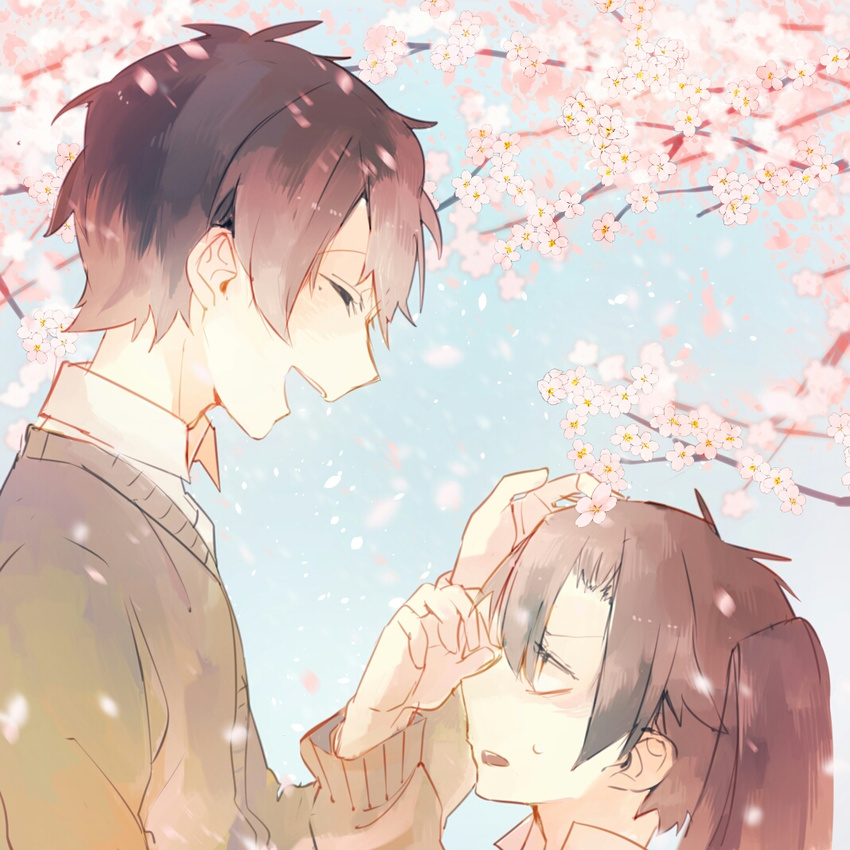 1girl black_hair cherry_blossoms enomoto_takane hasuhasuhasu0127 kagerou_project kokonose_haruka long_hair mole mole_under_eye petals school_uniform short_hair smile twintails