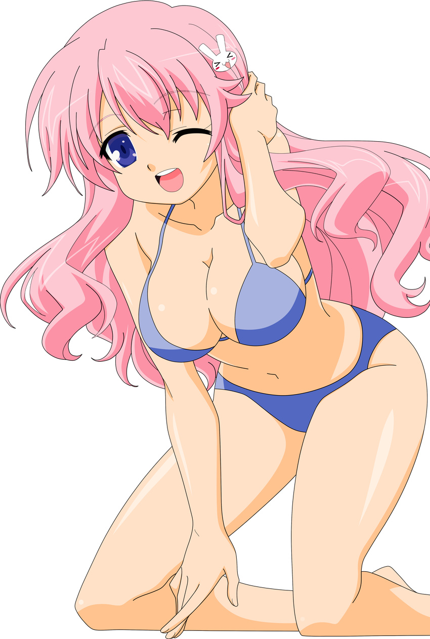 1girl absurdres artist_request baka_to_test_to_shoukanjuu bare_midriff bikini blue_eyes breasts busty censored cleavage female hair_ornament hairclip highres himeji_mizuki hips large_breasts legs long_hair looking_at_viewer mound_of_venus navel open_mouth photoshop pink_hair smile solo standing swimsuit thighs tongue transparent_background vector_trace wink