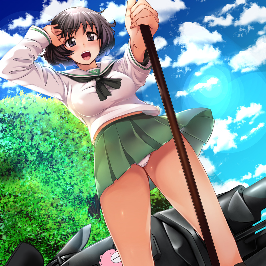 akiyama_yukari anglerfish blouse brown_eyes brown_hair cloud cloudy_sky commentary day dutch_angle emblem girls_und_panzer green_skirt ground_vehicle highres lens_flare long_sleeves looking_at_viewer messy_hair military military_vehicle miniskirt misaki_takahiro motor_vehicle neckerchief ooarai_school_uniform open_mouth outdoors panties pantyshot panzerkampfwagen_iv pleated_skirt school_uniform serafuku short_hair skirt sky smile solo standing tank tree underwear upskirt white_blouse white_panties wind wind_lift