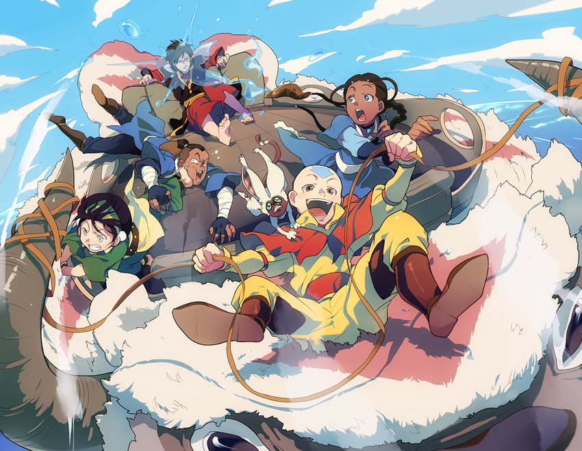 3boys aang animal appa avatar:_the_last_airbender avatar_(series) bald barefoot black_hair blind blue_eyes brown_eyes brown_hair burn_scar cloud dark_skin day flying grey_eyes katara looking_at_another momo_(avatar) multiple_boys multiple_girls open_mouth scar sky smile sokka t_k_g tattoo toph_bei_fong water yellow_eyes zuko