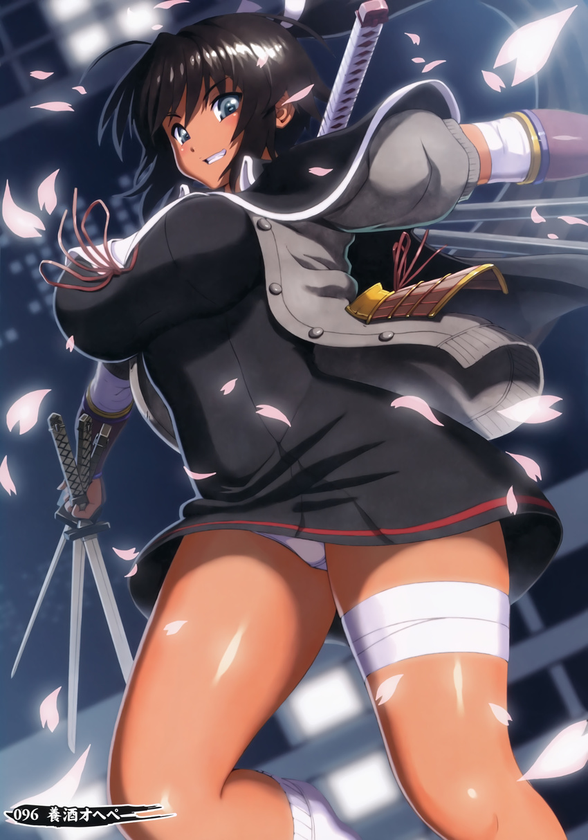 absurdres black_hair blue_eyes breasts cherry_blossoms dark_skin grin highres homura_(senran_kagura) katana large_breasts long_hair senran_kagura smile socks solo sword thighs weapon white_legwear youshu_ohepe