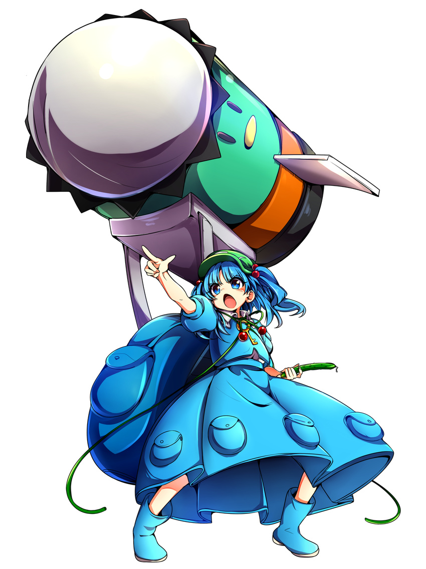 :o absurdres baba_(baba_seimaijo) backpack bag blue_eyes blue_hair boots cabbie_hat cucumber d: full_body hair_bobbles hair_ornament hat highres huge_weapon kappa kawashiro_nitori key missile open_mouth pocket pointing pose pouch rubber_boots shouting skirt skirt_set solo tachi-e touhou transparent_background two_side_up v-shaped_eyebrows vest weapon |_|