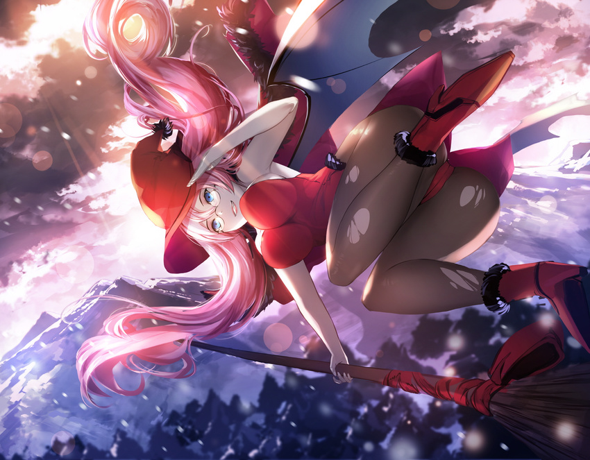 a-line armpits ass bare_shoulders bat_wings blue_eyes broom broom_riding capelet cloud flying fur_trim glasses grin hat high_heels highres long_hair mountain pantyhose pink_hair salute smile snow solo torn_clothes torn_legwear wings witch witch_hat