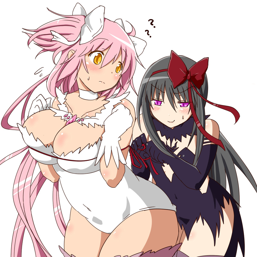 &gt;:) ?? akemi_homura akuma_homura arm_ribbon bare_shoulders black_dress black_hair blush bow breasts choker cleavage commentary_request dress dungeon_ni_deai_wo_motomeru_no_wa_machigatteiru_darou_ka elbow_gloves gloves hair_bow hairband highres kaname_madoka large_breasts long_hair mahou_shoujo_madoka_magica mahou_shoujo_madoka_magica_movie multiple_girls oman_(evld) parody pink_hair pink_legwear purple_eyes red_hairband rei_no_himo ribbon skindentation smile spoilers two_side_up ultimate_madoka untying v-shaped_eyebrows white_dress white_gloves yellow_eyes