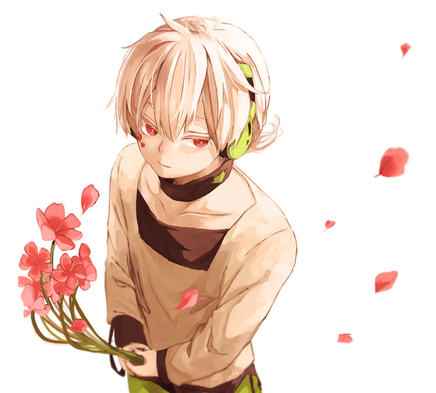 facial_mark flower from_above headphones highres holding holding_flower kagerou_project konoha_(kagerou_project) male_focus petals red_eyes solo upper_body white_hair yokoyama_himena