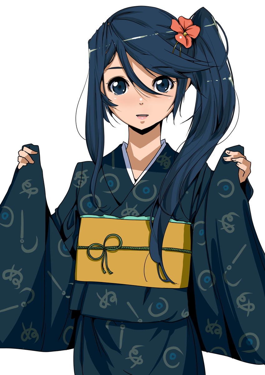 absurdres asymmetrical_hair bangs blue_eyes blue_hair chiisan flower hair_flower hair_ornament hataraku_maou-sama! highres japanese_clothes kamazuki_suzuno kimono long_hair looking_at_viewer parted_lips side_ponytail sleeves_past_wrists solo swept_bangs upper_body wide_sleeves