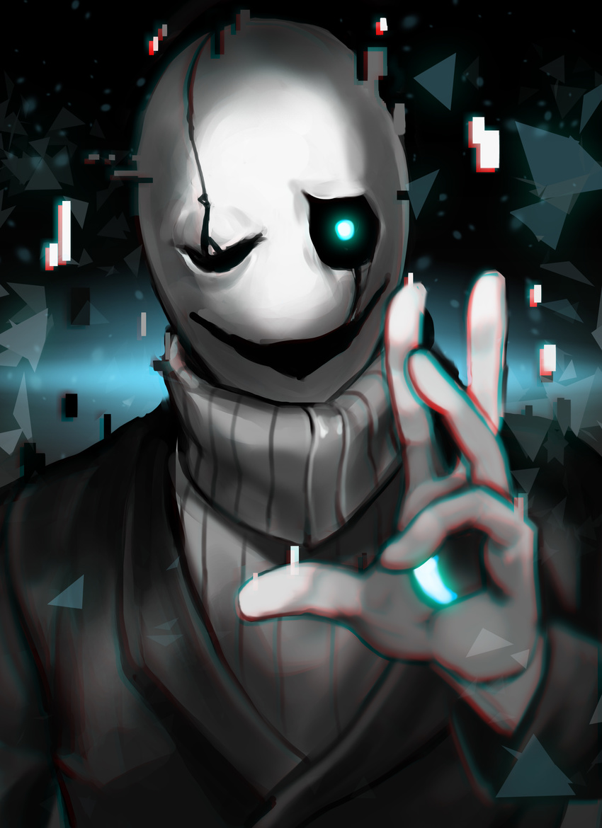 ;d absurdres chromatic_aberration crack evil_smile formal glitch glowing glowing_eye goblina highres hole male_focus one_eye_closed open_mouth ribbed_sweater smile solo suit sweater turtleneck undertale upper_body w.d._gaster