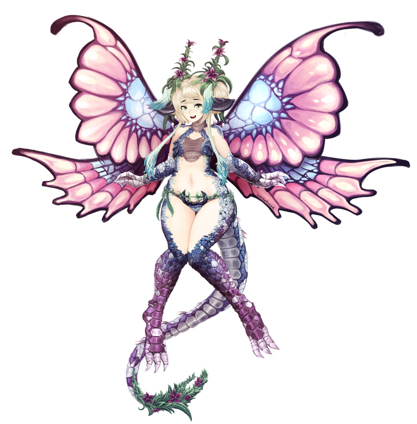 1girl :d animal_ears artist_name bandeau bangs barbariank bikini_bottom blonde_hair blue_hair choker claws dragon_girl dragon_tail eyebrows eyebrows_visible_through_hair fairy fairy_dragon fairy_wings flat_chest flower flower_on_head full_body gradient_hair green_eyes highres knees_together_feet_apart looking_at_viewer midriff monster_girl multicolored_hair navel open_mouth original paws scales short_hair_with_long_locks sidelocks signature slit_pupils smile solo tail talons transparent_background wide_hips wings wristband