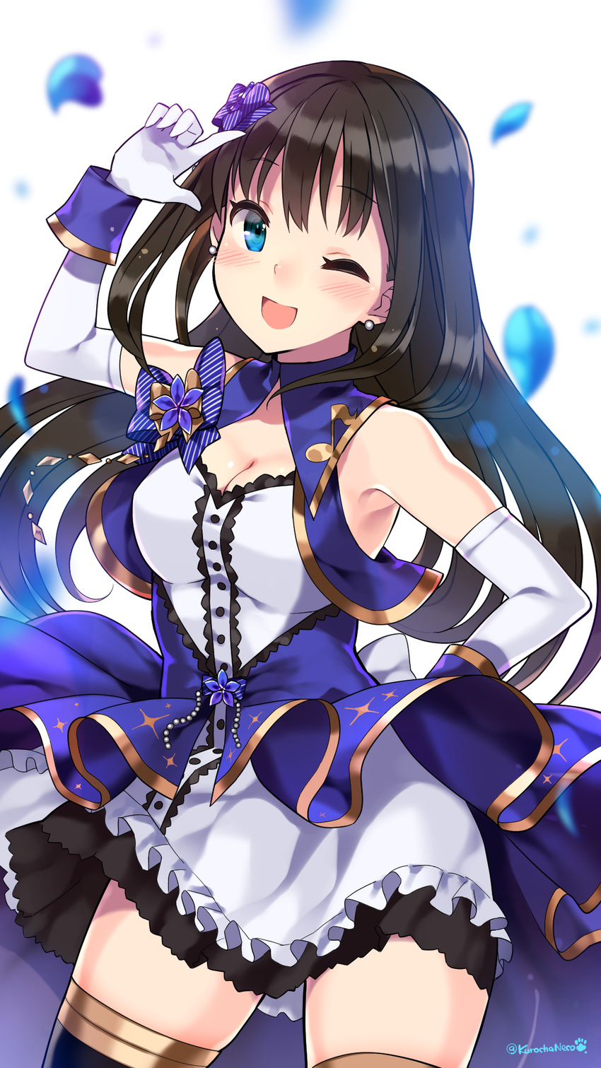 ;d bare_shoulders blue_eyes blush breasts brown_hair gloves highres idolmaster idolmaster_cinderella_girls idolmaster_cinderella_girls_starlight_stage kuro_chairo_no_neko long_hair looking_at_viewer medium_breasts one_eye_closed open_mouth shibuya_rin smile solo stage_of_magic