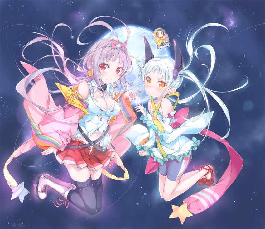 2girls bare_shoulders bicycle black_legwear blue_hair blush breasts cleavage detached_sleeves e.t. fingers_together frills full_moon ground_vehicle hair_ornament hamidashi_yousei_familia_seisenki hasekura_yuuta headgear jumping kaguya_sen_hainrain long_hair looking_at_viewer medium_breasts moon multiple_girls orange_eyes parody pleated_skirt pulp_piroshi purple_eyes purple_hair sakuya_kai_hainrain shorts skirt sky smile star_(sky) starry_sky thighhighs very_long_hair