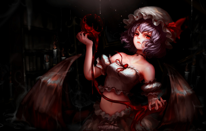 adapted_costume arm_garter bangs bare_shoulders blood bloomers bob_cut book bookshelf breasts brooch candle choker cross dark dark_background expressionless eyelashes frills hat hat_ribbon hemokinesis highres jewelry kiyomasa_ren lips looking_at_viewer low_wings midriff mob_cap navel red_eyes red_ribbon remilia_scarlet ribbon short_hair small_breasts solo strapless touhou tubetop underwear wings