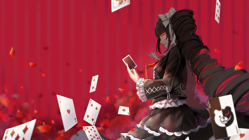 black_hair blurry bonnet card celestia_ludenberck danganronpa danganronpa_1 depth_of_field dre drill_hair earrings glowing glowing_eyes gothic_lolita grin hairband highres jewelry lolita_fashion lolita_hairband monokuma necktie playing_card red_background red_eyes smile solo twin_drills