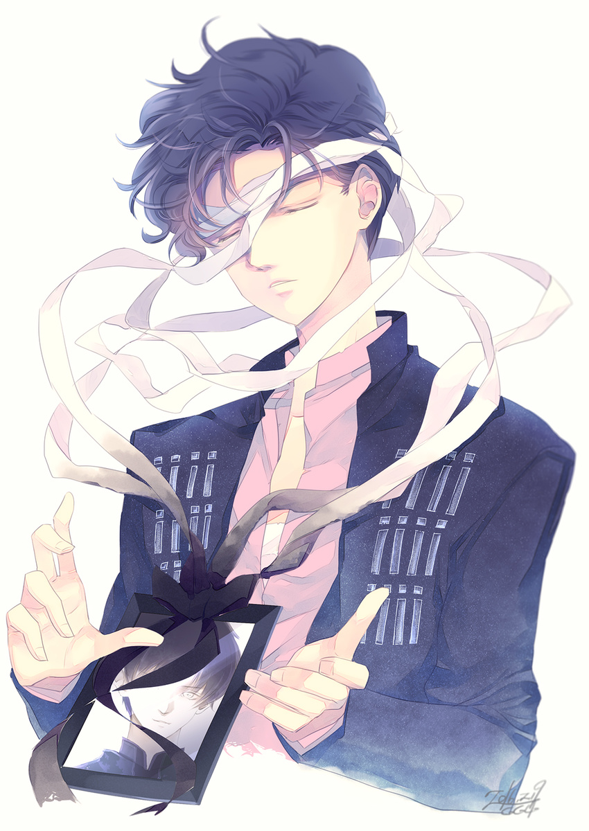 bishoujo_senshi_sailor_moon black_hair closed_eyes highres jacket male_focus photo_(object) ribbon saki_(hxaxcxk) saphir_(sailor_moon) signature solo upper_body