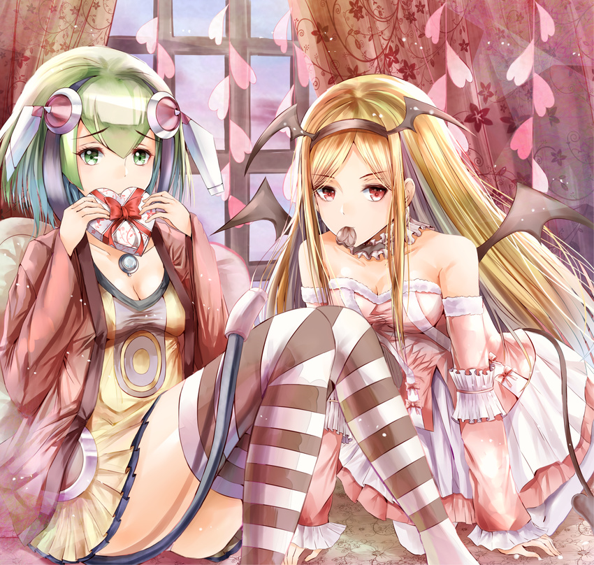 android bad_id bad_pixiv_id blonde_hair box chocolate chocolate_heart curtains detached_sleeves dimension_w dress elizabeth_greenhough-smith gift gift_box green_eyes green_hair headgear heart heart-shaped_box highres indoors jacket layered_dress long_hair multicolored_hair multiple_girls nikek96 red_eyes short_hair striped striped_legwear tail thighhighs valentine window wings yurizaki_mira