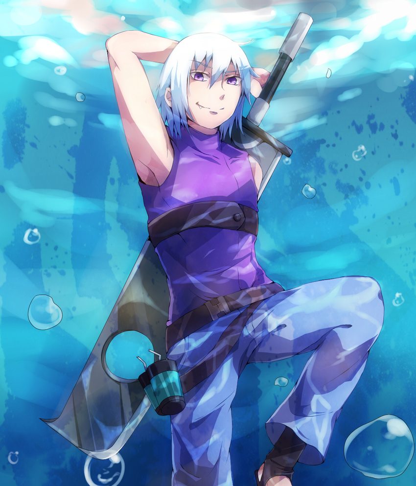 bubble highres hoozuki_suigetsu kinoope male_focus naruto naruto_(series) naruto_shippuuden purple_eyes solo sword underwater water weapon white_hair