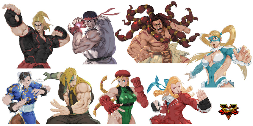 4boys 4girls cammy_white capcom charlie_nash chun-li kanzuki_karin ken_masters logo multiple_boys multiple_girls necalli nt_(gun-ash) rainbow_mika ryuu_(street_fighter) street_fighter street_fighter_v