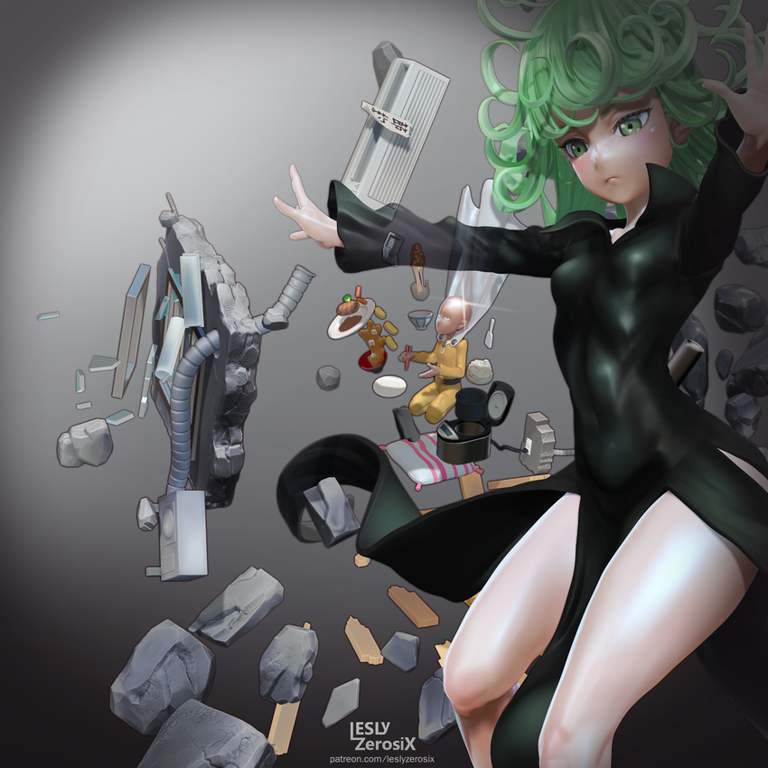 1girl 3d absurdres air_conditioner artist_name bad_id bad_pixiv_id bald black_dress black_footwear bowl broken_glass commentary_request curly_hair dress electric_socket feet_out_of_frame floating food girder glass green_eyes green_hair high_heels highres leslyzerosix levitation long_sleeves miso_soup nattou one-punch_man open_hands outstretched_arms rebar rice rice_bowl rice_cooker rice_spoon rubble saitama_(one-punch_man) seiza short_hair sitting skin_tight solo_focus sparkle tatsumaki telekinesis thighs vacuum_cleaner watermark window