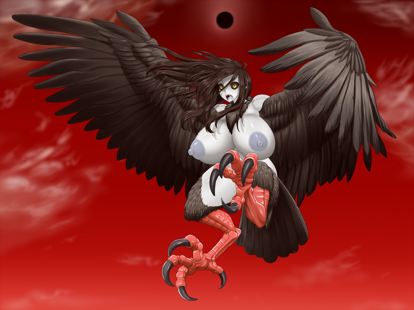 1girl areolae black_sclera breasts feathers flight green_eyes harpy huge_breasts monster_girl nipples odhiumfree open_mouth paradise_lost talons thick_thighs white_skin wings