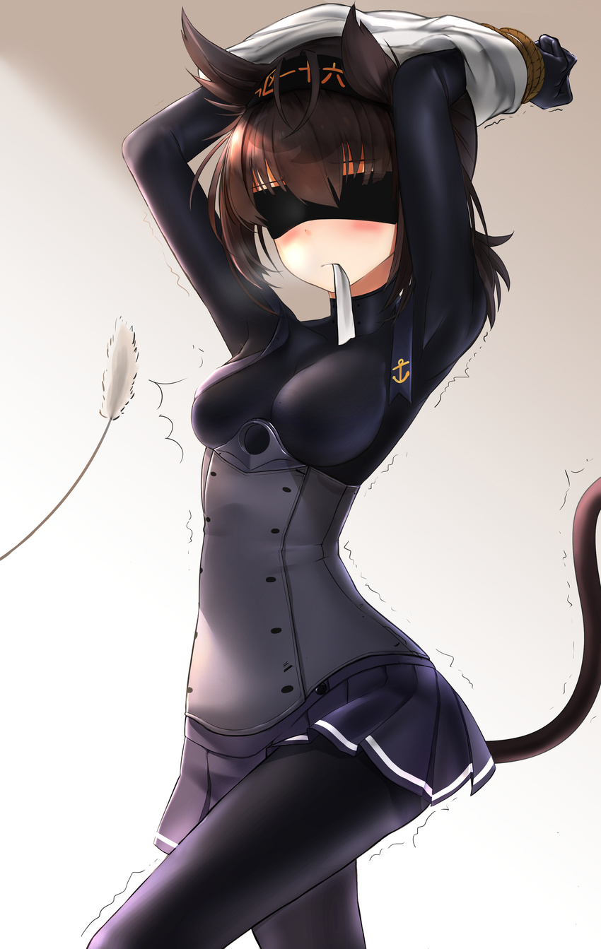 absurdres anchor_symbol arms_up bangs bdsm black_bodysuit black_skirt blindfold blush bodysuit bound bound_wrists breasts brown_hair cat_tail cat_teaser cattail clothes_writing corset frown gradient gradient_background hair_between_eyes hairband hatsuzuki_(kantai_collection) highres kantai_collection kemonomimi_mode miniskirt motion_lines mouth_hold nekodayo22 plant pleated_skirt pointy_hair ribbon ribbon_in_mouth rope school_uniform serafuku shirt shirt_over_head shirt_removed skirt small_breasts solo tail trembling undressing white_ribbon white_shirt