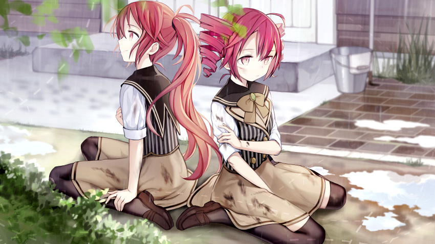 2girls absurdres back-to-back bow bowtie brick_floor bucket collared_shirt commentary_request cul dirty_clothes door double-breasted drill_hair grass hand_on_own_shoulder highres kari_kenji kasane_teto leaf long_hair mary_janes multiple_girls ponytail puddle rain red_eyes red_hair shirt shoes short_hair short_sleeves sitting skirt striped_vest thighhighs twin_drills utau vocaloid wariza