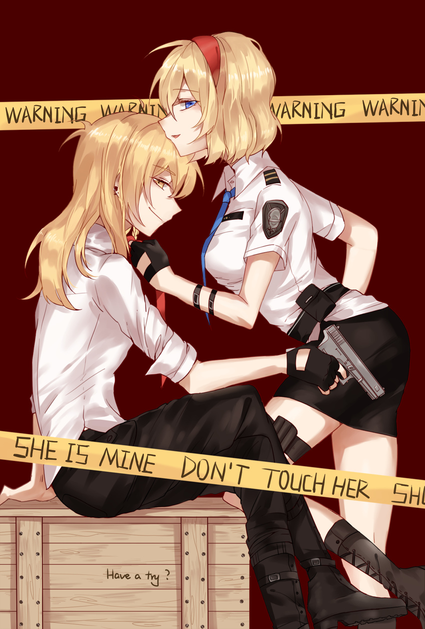 alice_margatroid alternate_costume bad_id bad_pixiv_id badge belt black_pants black_skirt blonde_hair blue_eyes blue_neckwear boots braid breasts caution_tape collared_shirt couple crate earrings english fingerless_gloves glock gloves gun hairband hand_on_hip handgun highres holding holding_gun holding_weapon jewelry kirisame_marisa knee_boots looking_at_viewer looking_to_the_side medium_breasts meng_ziya miniskirt multiple_girls necktie necktie_grab neckwear_grab open_mouth pants pistol pointy_nose police police_uniform policewoman profile red_neckwear shiny shiny_hair shirt short_sleeves single_braid sitting skirt sleeves_rolled_up smile standing thigh_strap thighs touhou uniform untucked_shirt weapon white_shirt yellow_eyes yuri