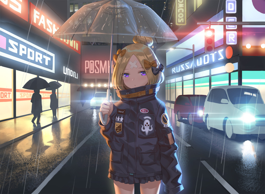 1girl abigail_williams_(fate/grand_order) bangs black_bow black_jacket blonde_hair bow car closed_mouth commentary crossed_bandaids english_commentary fate/grand_order fate_(series) ground_vehicle hair_bow hair_bun heroic_spirit_traveling_outfit holding holding_umbrella jacket long_hair long_sleeves looking_at_viewer motor_vehicle neon_lights night orange_bow outdoors parted_bangs polka_dot polka_dot_bow purple_eyes rain road sleeves_past_fingers sleeves_past_wrists solo_focus standing star street transparent transparent_umbrella umbrella yaxiya