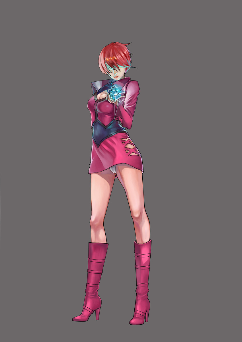 boots breasts cleavage cleavage_cutout cropped_jacket dark_persona dark_skin earrings electricity full_body furin-shi grey_background hair_over_eyes highres jewelry large_breasts leotard lipstick makeup miniskirt orochi_shermie purple_hair red_leotard shermie skirt solo standing the_king_of_fighters the_king_of_fighters_'97