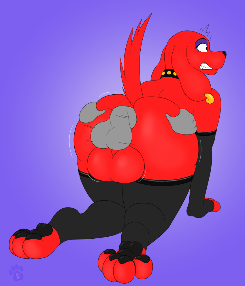 2019 4_toes all_fours anal anal_penetration anthro anthrofied backsack balls big_balls big_butt butt butt_grab butt_squish canid canine canis clenched_teeth clifford clifford_the_big_red_dog clothing collar digital_media_(artwork) disembodied_hand disembodied_penis domestic_dog duo ear_piercing ear_ring erection eyeshadow floppy_ears fur girly hand_on_butt hi_res huge_balls huge_butt ky_(malamute) legwear makeup male male/male male_penetrated male_penetrating mammal pawpads penetration penis perineum piercing red_fur shocked simple_background solo_focus stockings surprise surprise_buttsex tears teeth thick_thighs toes