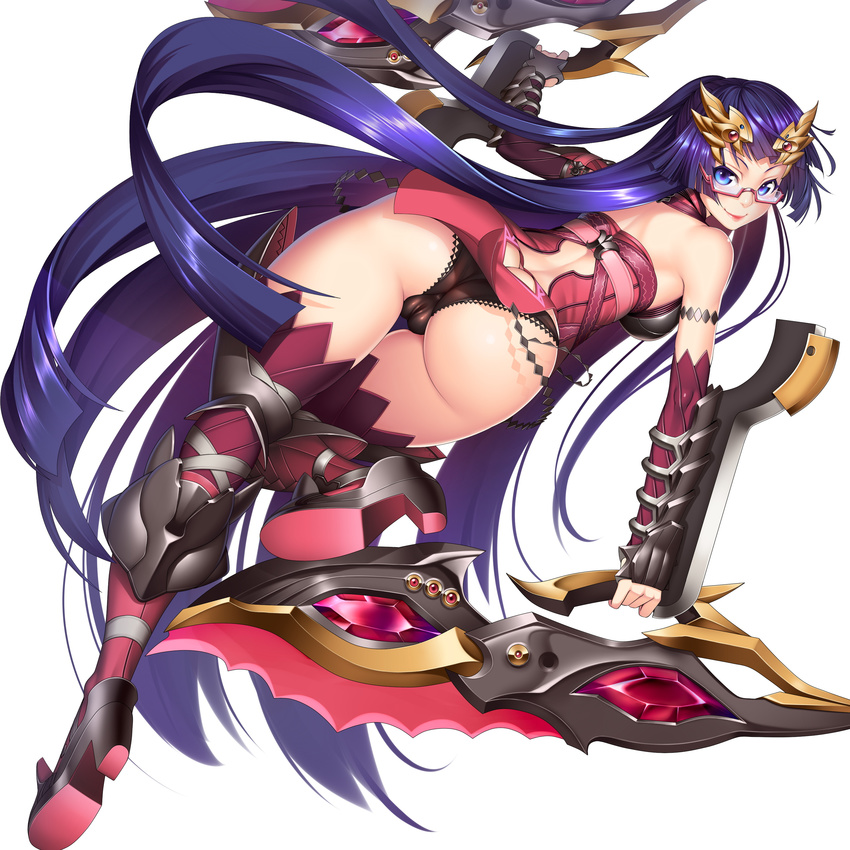 absurdres armor ass black_panties blue_eyes boots cameltoe fat_mons from_behind glasses hair_ornament high_heels highres holding holding_weapon lingerie long_hair looking_at_viewer lucknight original panties purple_hair semi-rimless_eyewear shorts smile solo thighhighs thighs underwear very_long_hair weapon