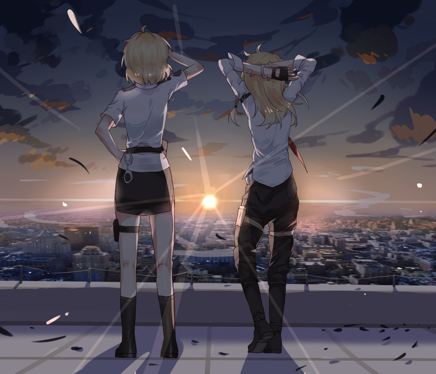 alice_margatroid alternate_costume arms_behind_head bad_id bad_pixiv_id belt black_footwear black_gloves black_pants black_skirt blonde_hair boots braid city cityscape cloud collared_shirt cuffed cuffs evening feathers fingerless_gloves from_behind gloves hand_on_hip handcuffs highres horizon kirisame_marisa knee_boots kneepits light_trail long_hair long_sleeves looking_afar meng_ziya multiple_girls necktie night night_sky pants red_neckwear scenery shading_eyes shadow shiny shiny_hair shirt short_hair short_sleeves skirt sky standing sunlight sunset thigh_strap touhou untucked_shirt white_shirt wind