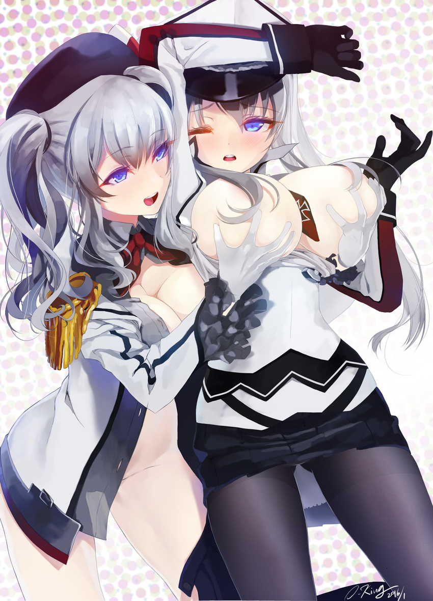 blue_eyes breast_grab breasts gloves grabbing graf_zeppelin_(kantai_collection) hat highres kantai_collection kashima_(kantai_collection) large_breasts long_hair multiple_girls no_nipples okingjo one_eye_closed open_clothes pantyhose silver_hair skirt skirt_pull twintails yuri