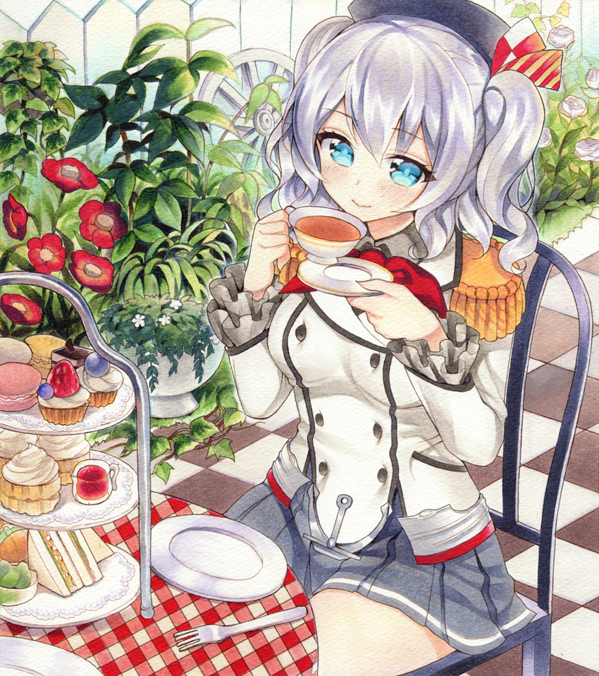 anchor bangs beret blue_eyes buttons cake chair checkered checkered_floor collared_shirt cup cupcake double-breasted epaulettes fence flower food fork frilled_sleeves frills fruit gingham grey_skirt hat highres holding holding_cup jacket kantai_collection kashima_(kantai_collection) long_sleeves macaron military_jacket miniskirt mugicha_(mugicha0929) outdoors picket_fence plant plate pleated_skirt potted_plant rose sandwich saucer shirt silver_hair sitting skirt smile solo strawberry table tea teacup tiered_tray twintails uniform wavy_hair wheel white_flower white_jacket white_rose wooden_fence