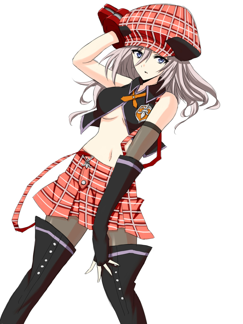 alisa_ilinichina_amiella bare_shoulders black_footwear black_gloves black_legwear blue_eyes boots breasts elbow_gloves fingerless_gloves full_body gloves god_eater god_eater_burst hat highres himo large_breasts long_hair looking_at_viewer open_mouth pantyhose silver_hair simple_background skirt solo suspender_skirt suspenders thigh_boots thighhighs white_background