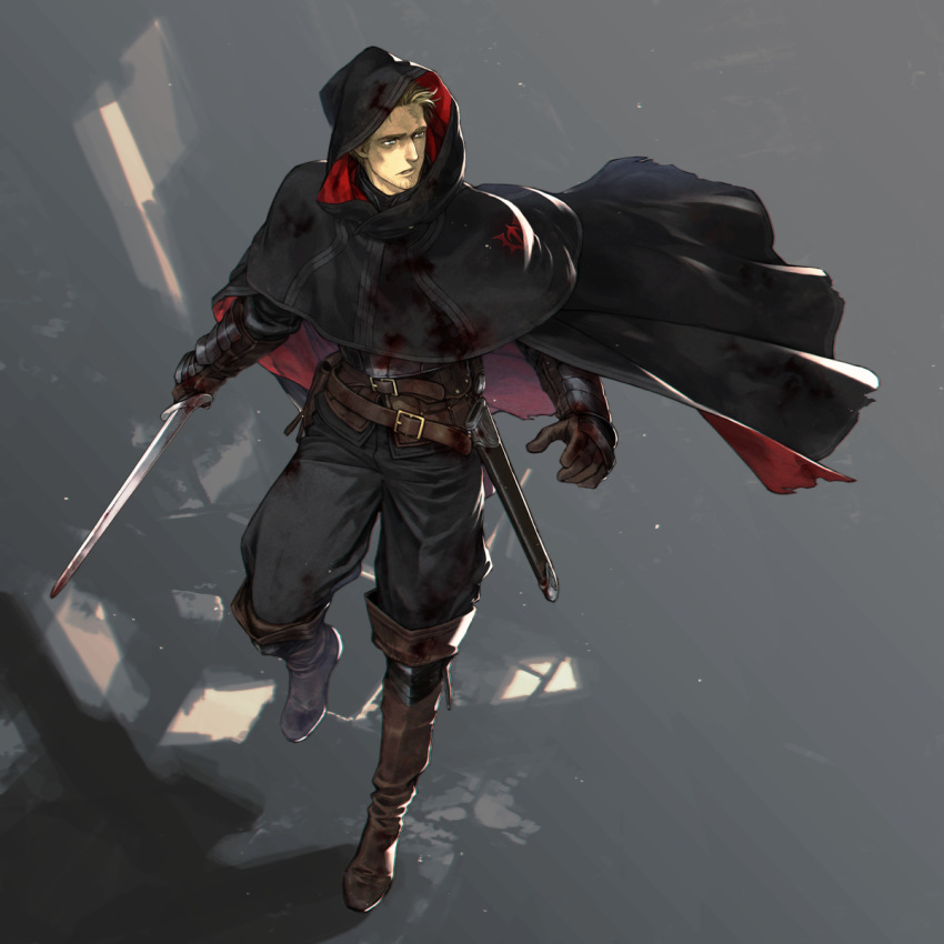 1boy belt blonde_hair blood bloody_clothes boots cape cloak full_body gloves highres holding holding_sword holding_weapon hood hood_up knee_boots male_focus original pixiv_fantasia_last_saga sankyou solo sword weapon