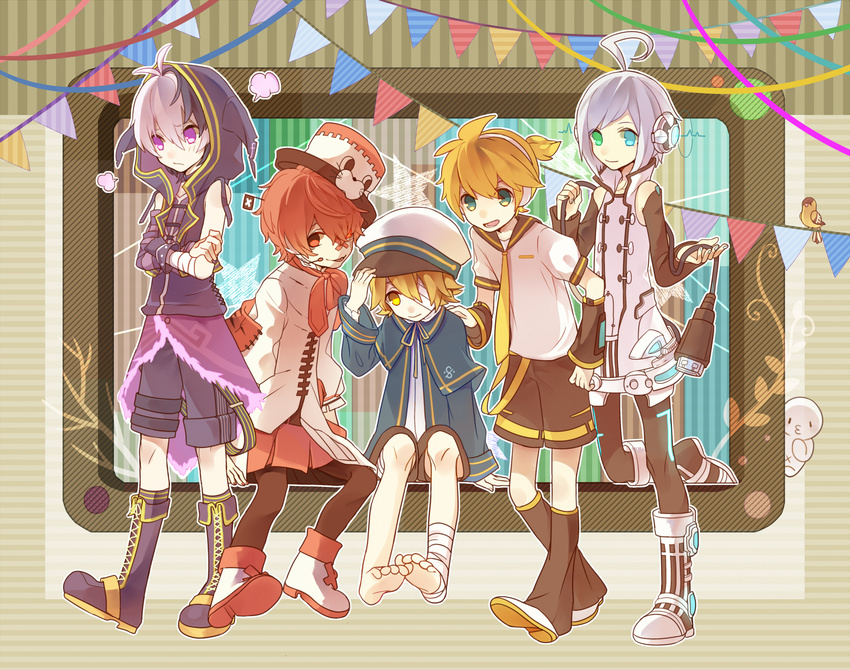 4boys :d :p ahoge androgynous animal animal_print antenna_hair aqua_eyes arm_warmers bandage_over_one_eye bangs barefoot belt bird black_pants black_shorts blonde_hair blue_eyes blush boots bow capelet closed_mouth cross-laced_footwear crossed_arms detached_sleeves facial_mark flag flower_(vocaloid) freckles fringe_trim frown fukase fume gloves glowing green_eyes hair_between_eyes hair_over_one_eye hand_on_another's_shoulder hand_on_headwear hat head_flag headphones headset heterochromia highres holding_own_tail hood hooded_jacket horizontal-striped_background horizontal_stripes jacket james_(vocaloid) kagamine_len lace-up_boots leaning_forward leg_up long_sleeves looking_at_viewer microphone multiple_boys neck_ribbon necktie object_on_head oliver_(vocaloid) open_mouth overskirt pants point_(vocaloid) ponytail pout purple_eyes purple_footwear purple_gloves purple_hair purple_skirt red_bow red_eyes red_hair red_ribbon red_skirt reverse_trap ribbon short_hair short_sleeves shorts silver_hair single_glove sitting skirt sleeveless smile soles standing standing_on_one_leg star string_of_flags striped striped_background suspenders tail tongue tongue_out top_hat usb utatane_piko v_flower_(vocaloid4) vertical-striped_background vertical_stripes vocaloid yanco yellow_eyes yellow_neckwear