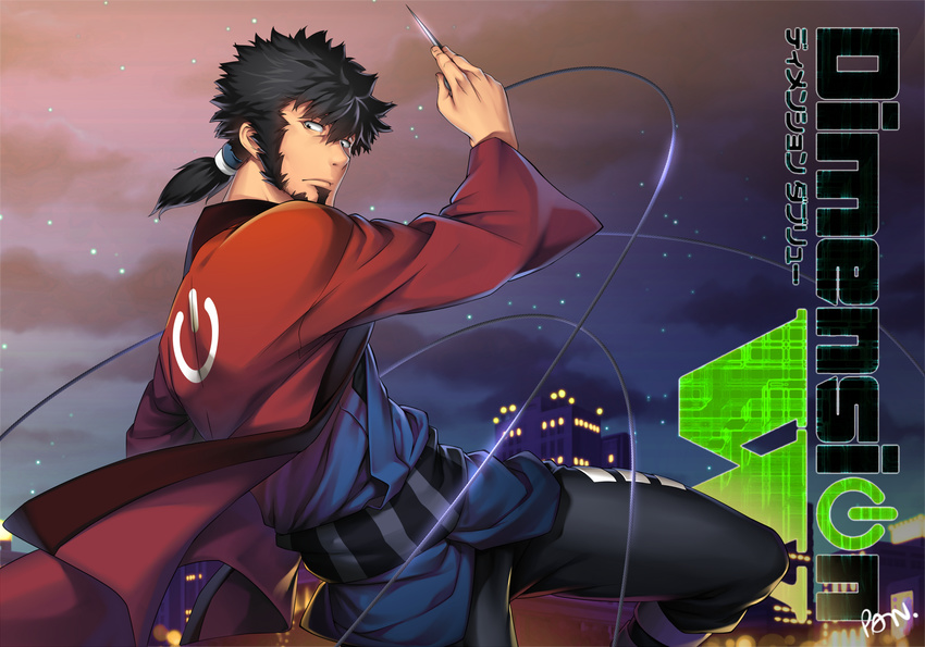 beard brown_eyes brown_hair cityscape cloud cloudy_sky commentary_request copyright_name dimension_w facial_hair highres jacket japanese_clothes kashi_kosugi knife looking_at_viewer mabuchi_kyoma male_focus night ponytail red_jacket sky solo star wire