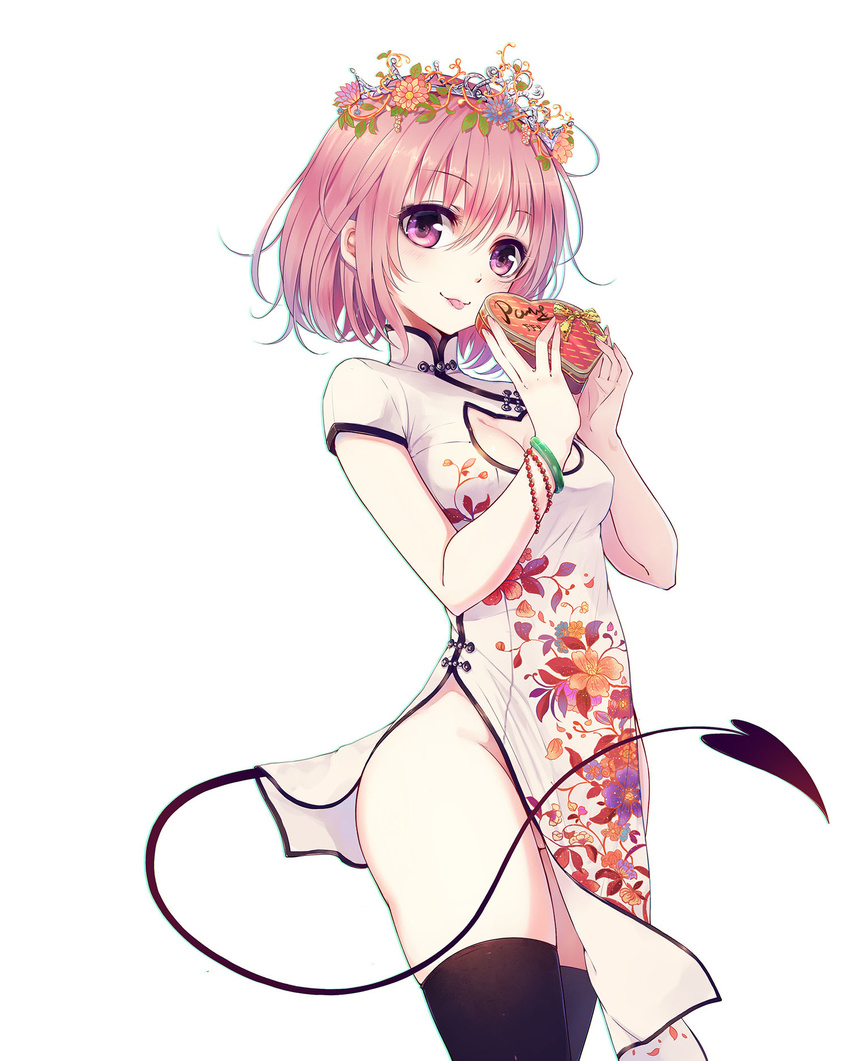 bangs black_legwear blush box bracelet breasts cat_cutout china_dress chinese_clothes cleavage cleavage_cutout demon_tail dress flower hair_flower hair_ornament heart-shaped_box highres holding jewelry looking_at_viewer medium_breasts momo_velia_deviluke no_panties pink_hair purple_eyes short_hair short_sleeves side_slit simple_background solo standing tail thighhighs to_love-ru tongue tongue_out wait white_background