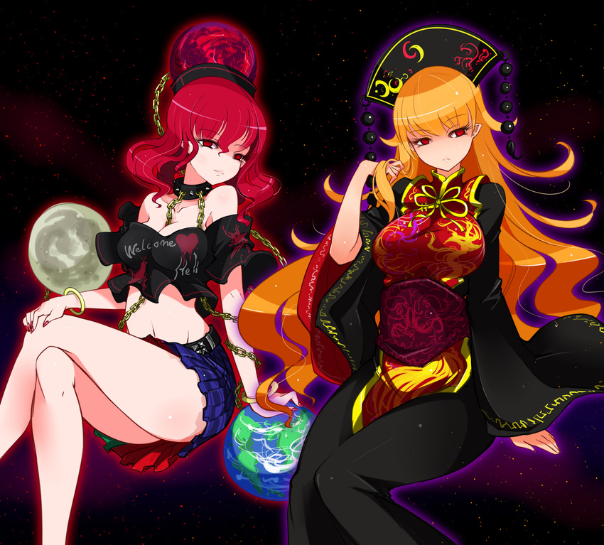 aura bare_legs bare_shoulders belt between_breasts black_dress black_shirt blonde_hair bracelet breasts chain chinese_clothes cleavage clothes_writing collar crossed_legs dress earth earth_(ornament) energy expressionless gold_chain hand_in_hair hat hecatia_lapislazuli highres jewelry junko_(touhou) large_breasts legs light_particles long_hair long_sleeves looking_at_viewer midriff moon_(ornament) multicolored multicolored_clothes multicolored_skirt multiple_girls multiple_tails nail_polish navel off-shoulder_shirt pointy_ears polos_crown raptor7 red_eyes red_hair red_nails sash shaded_face shirt sideways_glance skirt spiked_collar spikes tabard tail thighs touhou very_long_hair wide_sleeves