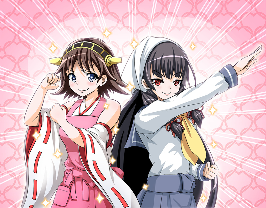 &gt;:) 2girls :3 apron bare_shoulders black_hair blush brown_hair clenched_hand clenched_hands detached_sleeves flipped_hair hair_ornament hair_ribbon hairband head_scarf headgear heart heart_background hiei_(kantai_collection) isokaze_(kantai_collection) japanese_clothes kamen_rider kantai_collection long_hair long_sleeves looking_at_viewer multiple_girls no_gloves nontraditional_miko parody pink_apron plaid pleated_skirt pose red_eyes ribbon ribbon-trimmed_sleeves ribbon_trim school_uniform serafuku short_hair skirt smile sparkle sparkling_eyes symbol-shaped_pupils tenugui tk8d32 tress_ribbon v-shaped_eyebrows