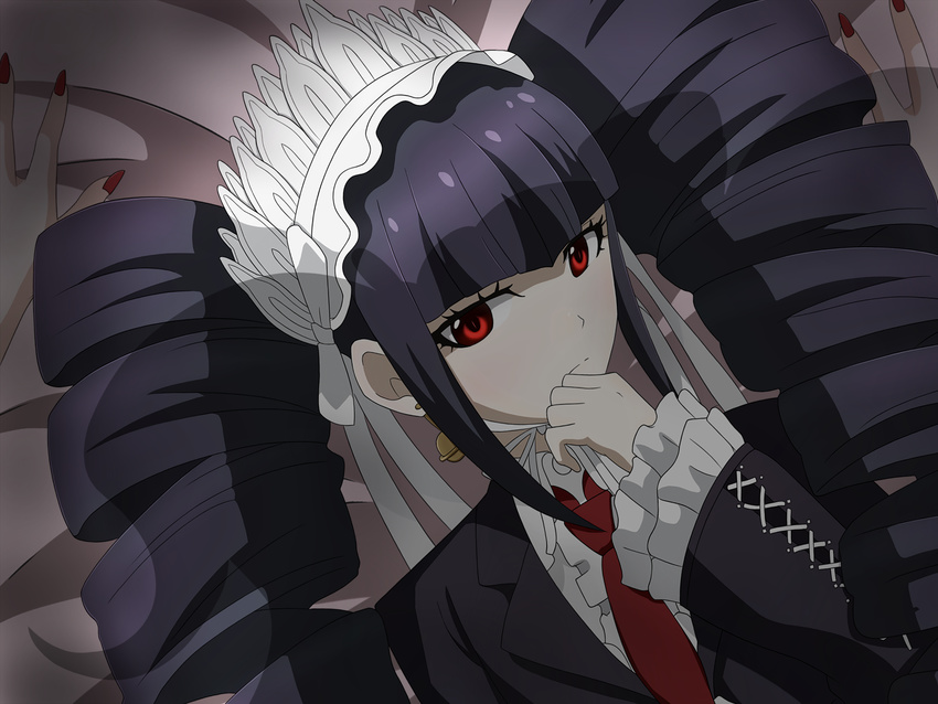 bad_id bad_pixiv_id bangs black_hair bonnet celestia_ludenberck danganronpa danganronpa_1 drill_hair earrings enoshima_junko fingernails headdress highres jewelry kumax5 long_fingernails long_hair looking_at_viewer multiple_girls nail_polish necktie official_style red_eyes red_nails school_uniform shadow yuri