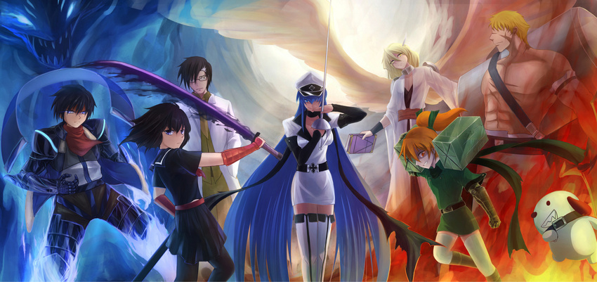 akame_ga_kill! armor artoria_(3001005) belt black_eyes black_hair blonde_hair blue_eyes blue_hair bols boots breasts cap cleavage cross cyborg dog dr._stylish esdeath feather fire flamethrower fringe glasses hekatonkheires jacket kurome_(akame_ga_kill!) labcoat long_hair mechanical_arms military_uniform multiple_boys multiple_girls orange_eyes orange_hair ponytail robe run_(akame_ga_kill!) scar scarf school_uniform serafuku seryu_ubiquitous shirtless skirt smile suit thighhighs tie very_long_hair wave_(akame_ga_kill!) weapon white_hair white_legwear wings