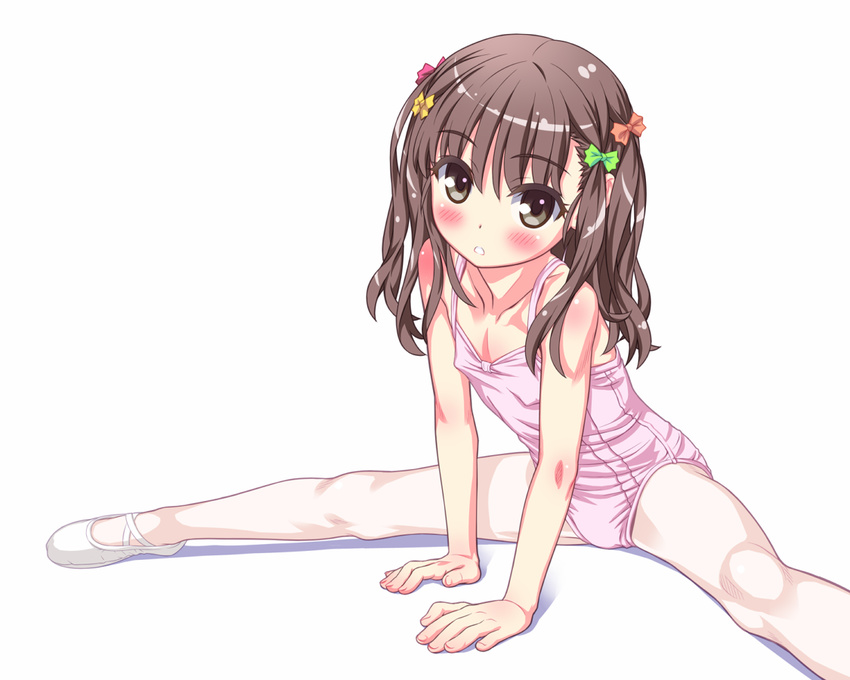 aoi_kumiko arm_support ballerina ballet ballet_slippers bare_shoulders blush brown_eyes brown_hair commentary_request flat_chest hair_ribbon leotard long_hair looking_at_viewer open_mouth original pantyhose pink_leotard ribbon sitting solo spread_legs twintails white_legwear