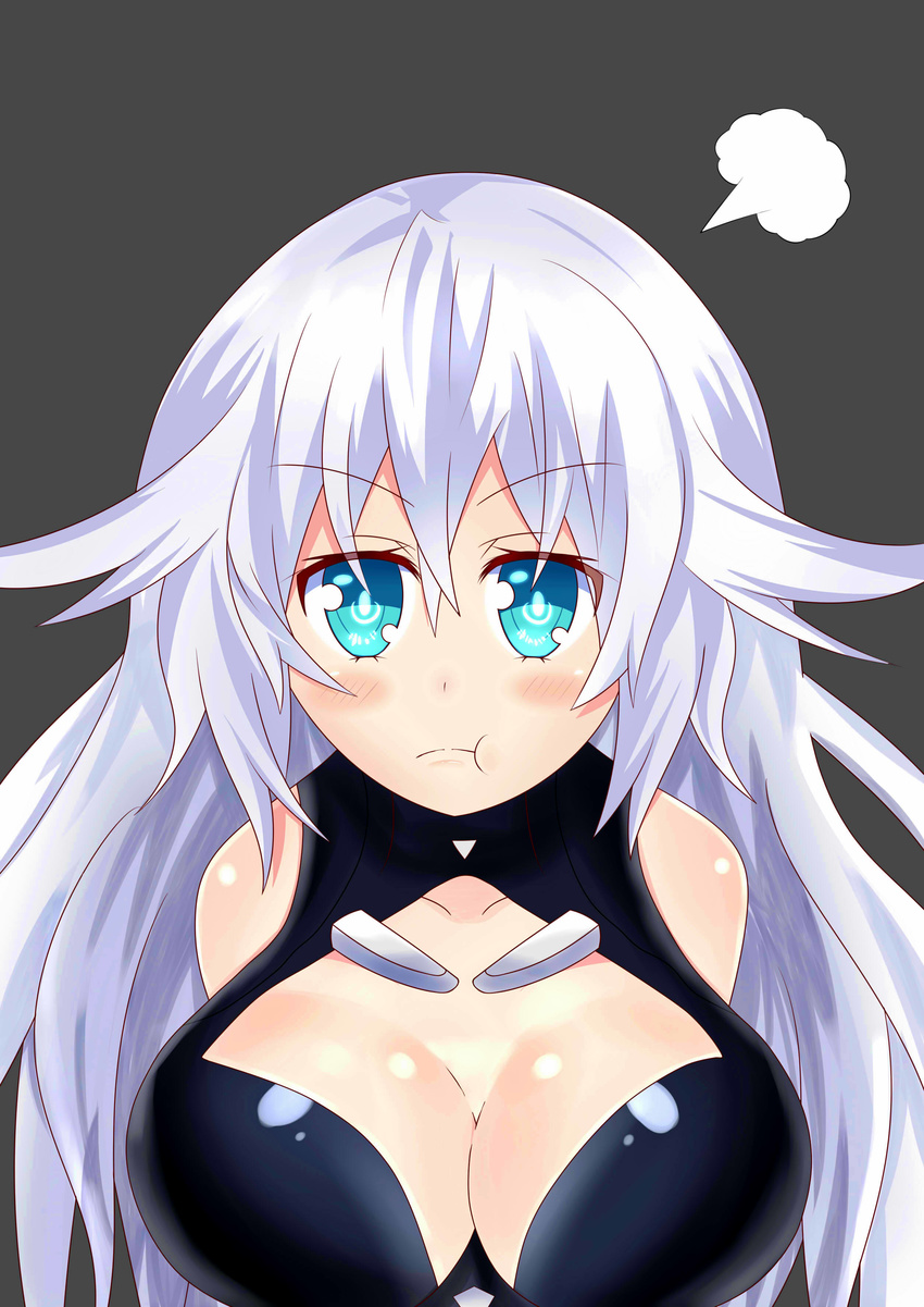 1girl :t aqua_eyes artist_request bare_shoulders black_heart blush bodysuit breasts choujigen_game_neptune cleavage compile_heart huge_breasts idea_factory long_hair neptune_(series) noire pout pouting shiny shiny_clothes shiny_hair shiny_skin silver_hair solo