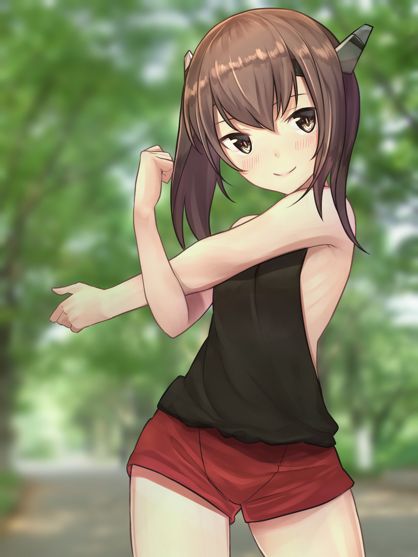 adapted_costume baffu bare_shoulders black_shirt blush brown_hair commentary_request cowboy_shot day hair_between_eyes headband headgear highres kantai_collection looking_at_viewer outdoors red_shorts shirt short_hair shorts sleeveless sleeveless_shirt smile solo stretch taihou_(kantai_collection) tree