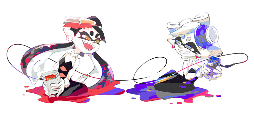 2girls aori_(splatoon) black_hair blue_eyes detached_collar fang food food_on_head game_boy gloves handheld_game_console highres hotaru_(splatoon) inoue_seita link_cable looking_at_another multiple_girls object_on_head official_art paint_splatter pointy_ears pokemon pokemon_(game) pokemon_rgby simple_background smile splatoon_(series) splatoon_1 tentacle_hair unitard white_background white_gloves white_hair yellow_eyes