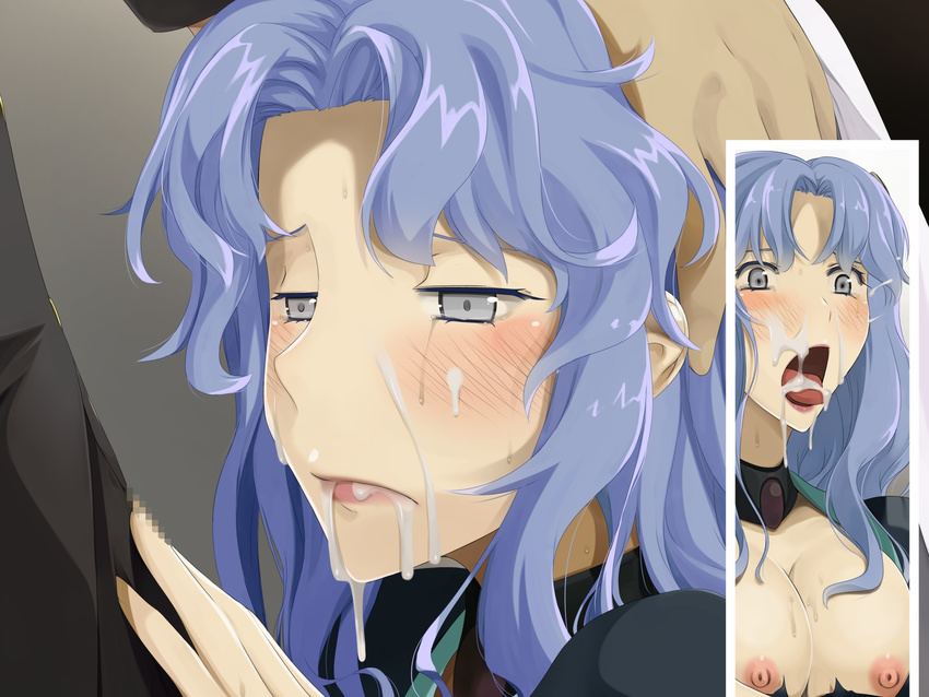 1girl areolae blue_hair blush breasts close-up cum cum_in_mouth detached_collar el_hazard facial highres ifurita large_breasts long_hair nipples open_mouth silver_eyes solo_focus sweat tears teitetsu_kishidan tongue torn_clothes upper_body wavy_hair