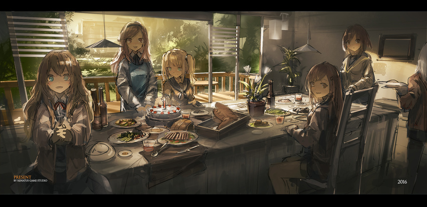 6+girls :o bad_id bad_pixiv_id bangs blonde_hair bottle bow bowtie bread brown_eyes brown_hair cake cardigan commentary cup deck drink drinking_glass english flower flower_pot food fork glass hanging_light highres indoors lamp letterboxed long_hair long_sleeves looking_at_viewer multiple_girls neck_ribbon open_mouth original out_of_frame party picture_frame plant plate potted_plant railing renatus.z ribbon school_uniform serafuku shorts sitting smile spoon standing table tablecloth terrace twintails utensil v_arms white_hair wing_collar