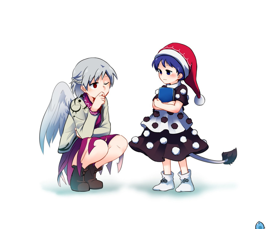 :3 angel_wings black_dress blue_eyes blue_hair blush book boots braid brown_footwear brown_jacket commentary doremy_sweet dress finger_to_mouth french_braid grey_wings hat highres holding holding_book jacket kishin_sagume layered_dress looking_at_another multicolored multicolored_clothes multicolored_dress multiple_girls nightcap one_eye_closed pom_pom_(clothes) purple_dress red_eyes shikushiku_(amamori_weekly) shoes short_hair silver_hair simple_background single_wing smile squatting tail tapir_tail thighs touhou white_background white_dress white_footwear wings younger