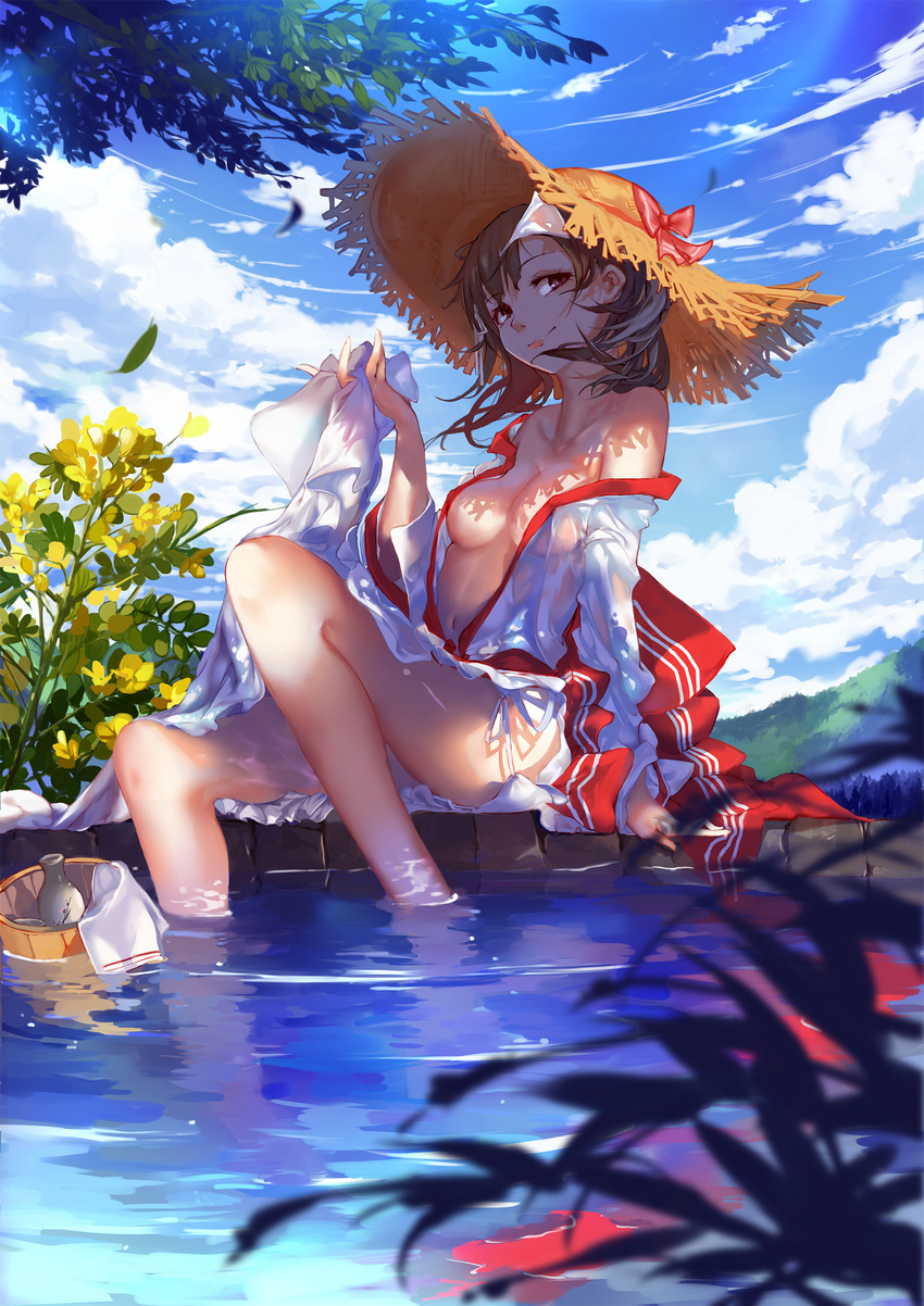 bad_id bad_pixiv_id bare_shoulders breasts brown_eyes brown_hair bucket cleavage cloud cloudy_sky collarbone day hat hat_ribbon highres legs lips long_legs medium_breasts miko_ari nora_(noragami) noragami open_clothes ribbon short_hair sitting sky smile soaking_feet solo straw_hat water wet wet_clothes