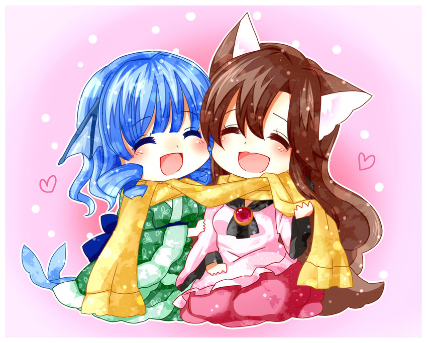 animal_ears blue_hair blush breasts brooch brown_hair chibi closed_eyes dress drill_hair head_fins heart highres imaizumi_kagerou japanese_clothes jewelry kimono long_sleeves medium_breasts mermaid monster_girl multiple_girls obi open_mouth sash scarf shared_scarf tail totoharu_(kujirai_minato) touhou wakasagihime wide_sleeves wolf_ears wolf_tail yellow_scarf